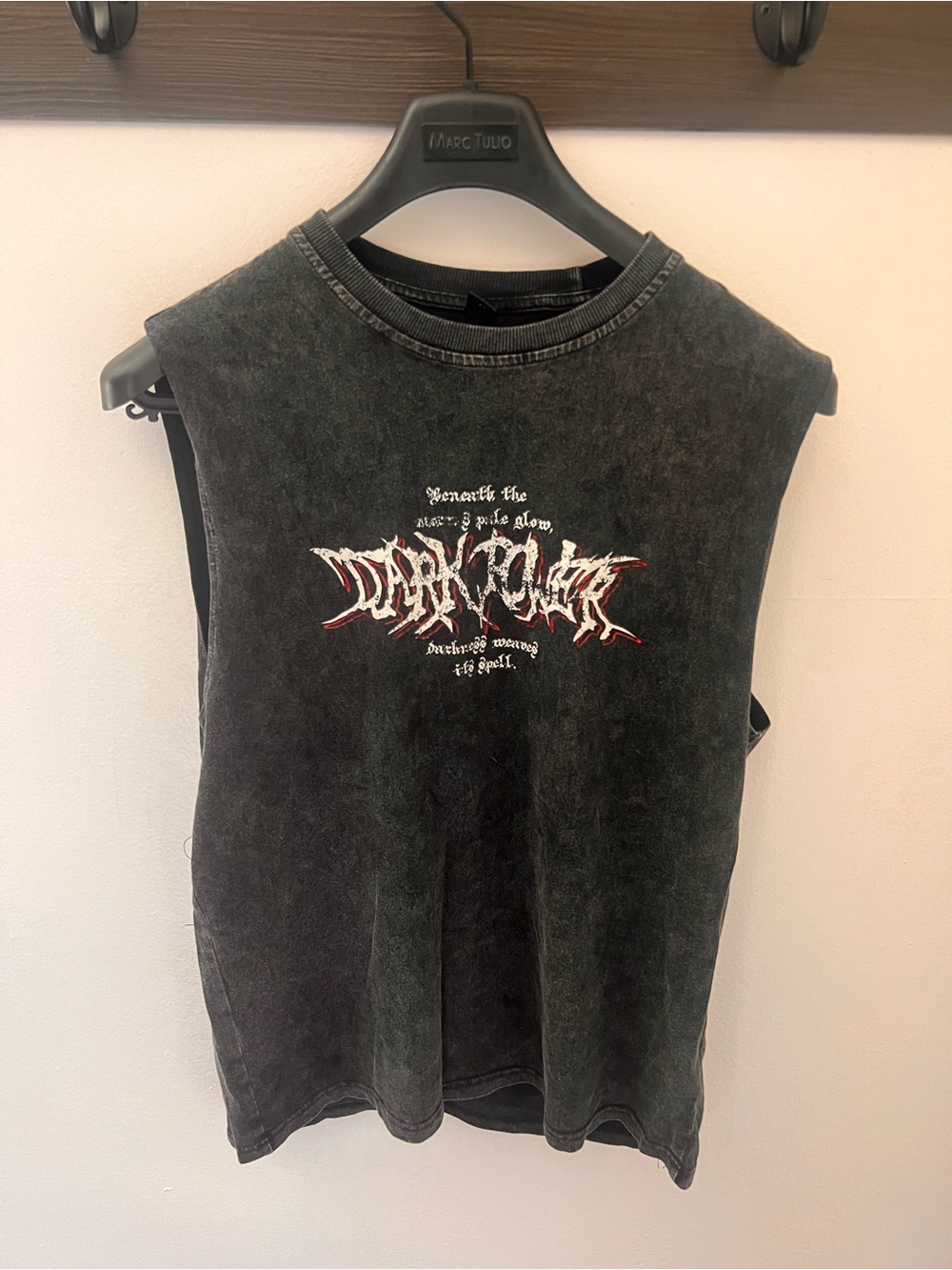 ROMWE Black Washed Graphic Tank with White and Red Logo